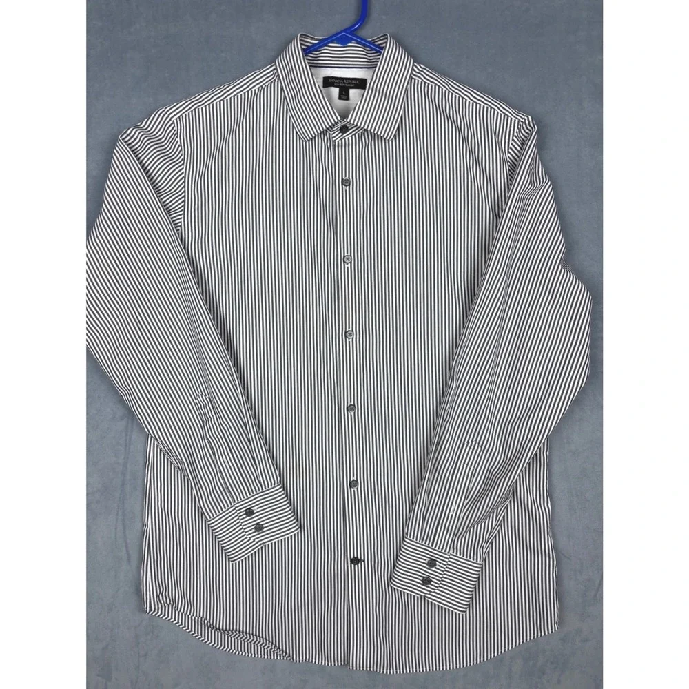 Banana Republic Mens Non-Iron Slim Fit Bengal Stripe Shirt Black White L 932909
